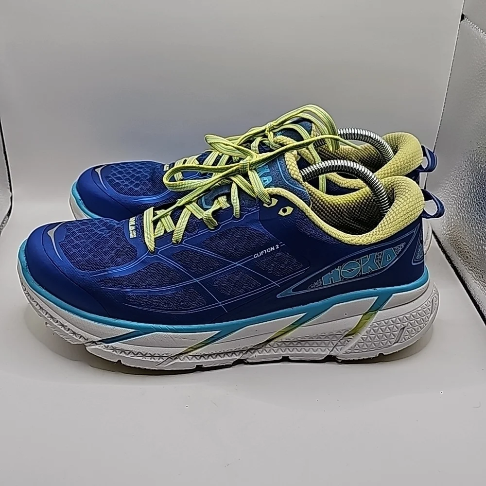 Hoka One One Womens Clifton 2 Running Shoes, True Blue/Sunny Lime, US 10.5